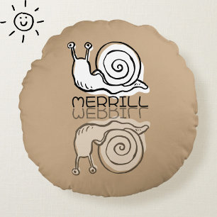 Cute Brown Snail Reflection Doodle Custom Name Round Cushion