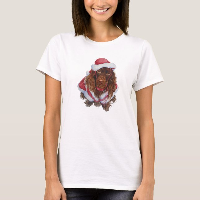 Cute brown spaniel in santa outfit for christmas T-Shirt (Front)
