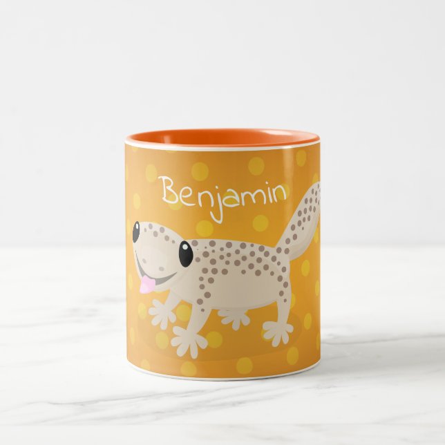 Cute brown spotted gecko cartoon illustration Two-Tone coffee mug (Center)