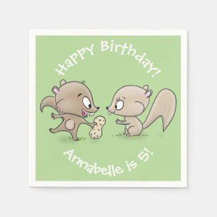 Cute brown squirrels sharing a peanut cartoon napkin