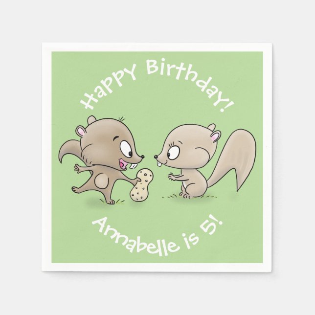 Cute brown squirrels sharing a peanut cartoon napkin (Front)