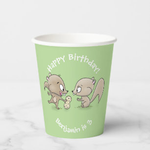 Cute brown squirrels sharing a peanut cartoon paper cups