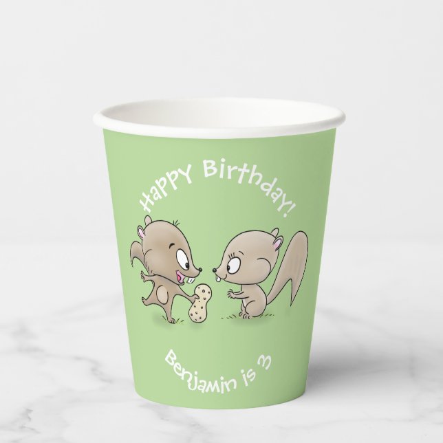 Cute brown squirrels sharing a peanut cartoon paper cups (Front)
