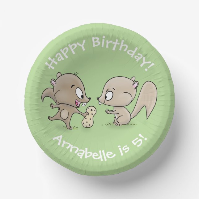 Cute brown squirrels sharing a peanut cartoon paper plate (Front)
