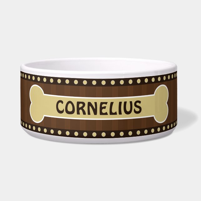 Cute Brown Stripes Bone and Paws Large Dog Bowl (Front)