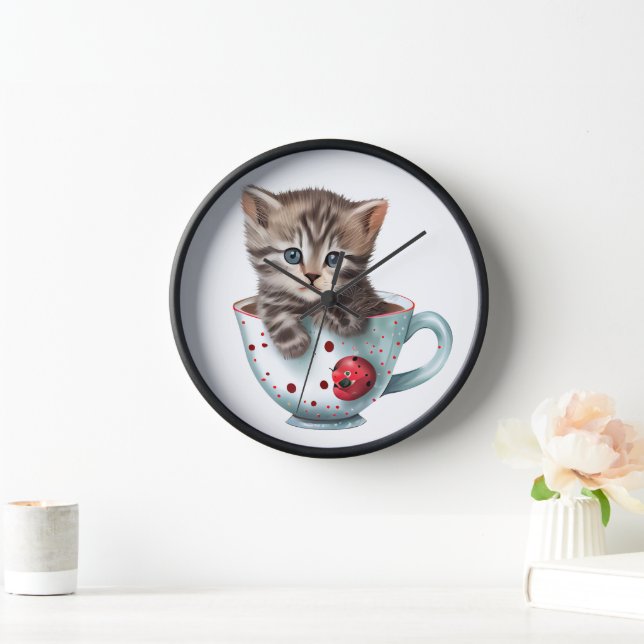 CUTE BROWN TABBY KITTEN SITTING IN A RED WHITE CUP CLOCK (Home)