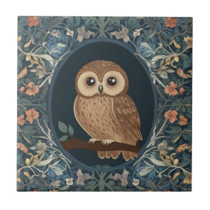 Cute Brown Tawny Owl Navy Dark Blue Floral Flowers Tile