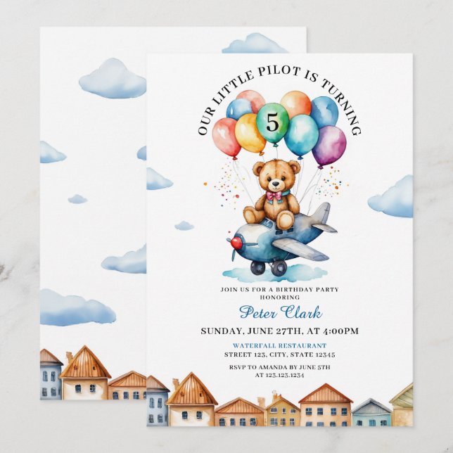 Cute Brown Teddy Bear Aeroplane 5th Birthday Invitation (Front/Back)