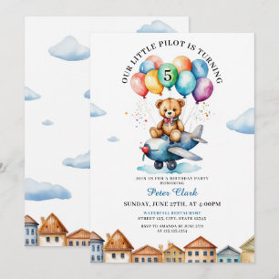 Cute Brown Teddy Bear Aeroplane 5th Birthday Invitation