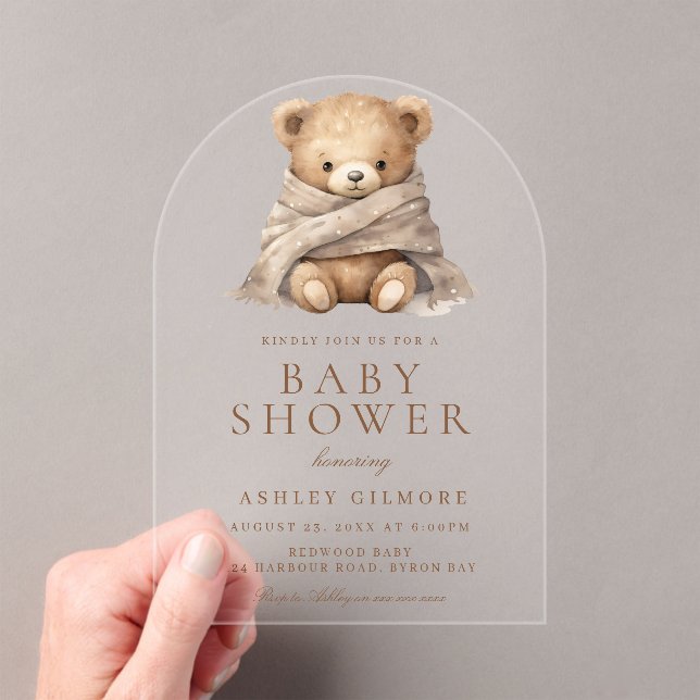 Cute Brown Teddy Bear Baby Shower Acrylic Invitations (Insitu (Handheld))