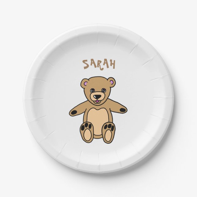 Cute Brown Teddy Bear Birthday Name Paper Plate (Front)
