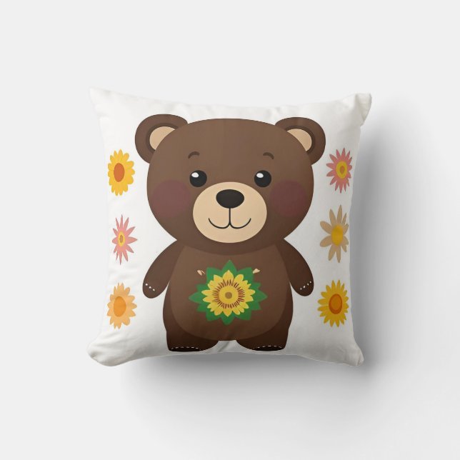 Cute Brown Teddy Bear Cartoon Cushion (Front)