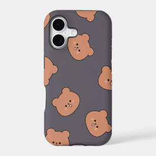 Cute Brown Teddy Bear Face Pattern Dark Blue