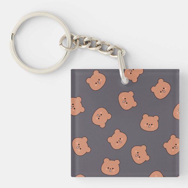 Cute Brown Teddy Bear Face Pattern Dark Blue Key Ring (Front)