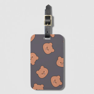 Cute Brown Teddy Bear Face Pattern Dark Blue Luggage Tag