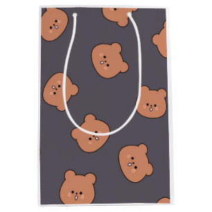 Cute Brown Teddy Bear Face Pattern Dark Blue Medium Gift Bag