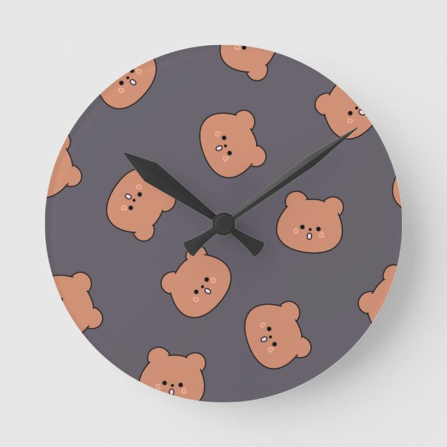Cute Brown Teddy Bear Face Pattern Dark Blue Round Clock (Front)
