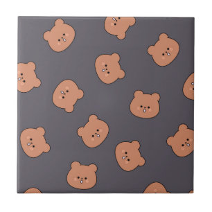 Cute Brown Teddy Bear Face Pattern Dark Blue Tile