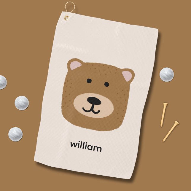Cute brown teddy bear golf towel (Cute brown bear golf towel.  Customize with your own name, initials or choice of text.)