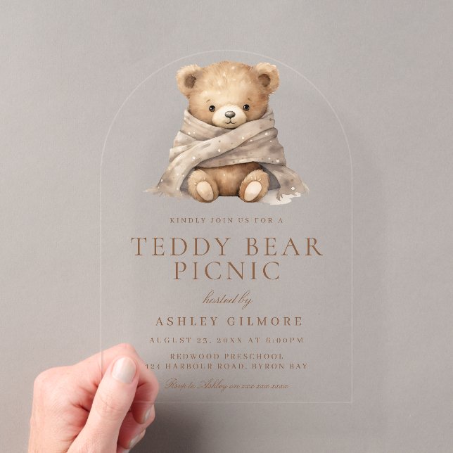 Cute Brown Teddy Bear Picnic Play Date Acrylic Invitations (Insitu (Handheld))