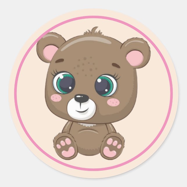Cute Brown Teddy Bear with Pink Ears and  Paws  Classic Round Sticker (Front)