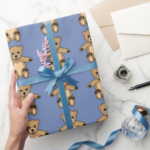 Cute Brown Teddy Bears Blue Wrapping Paper