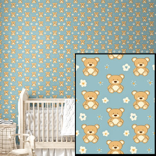 Cute Brown Teddy Bears White Stars on Aqua Blue Wallpaper