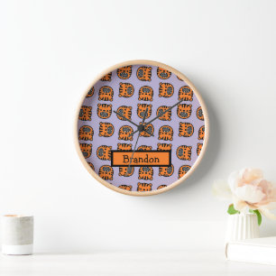 Cute brown tiger face purple pattern clock