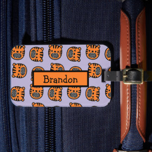Cute brown tiger face purple pattern luggage tag