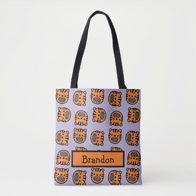 Cute brown tiger face purple pattern tote bag (Front)