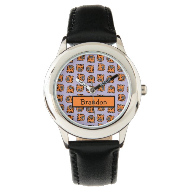 Cute brown tiger face purple pattern watch (Front)