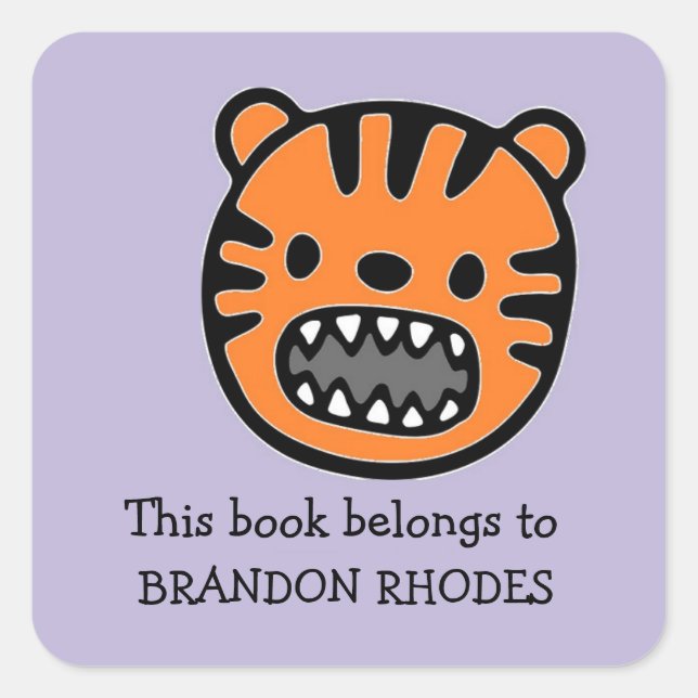 Cute brown tiger face purple square sticker (Front)