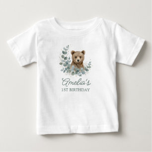 Cute Brown Watercolor Bear Birthday Baby T-Shirt