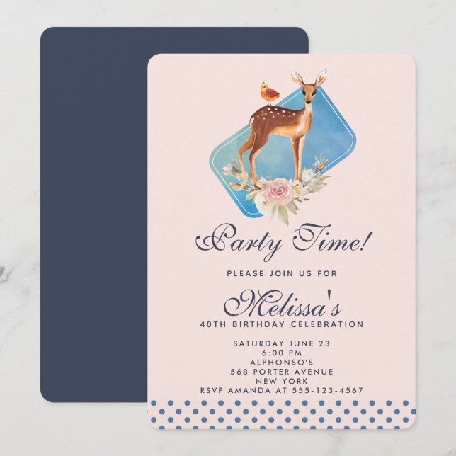 Cute Brown Watercolor Deer Birthday Party Invitation (Front/Back)