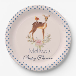 Cute Brown Watercolor Deer Rustic Baby Shower Paper Plate