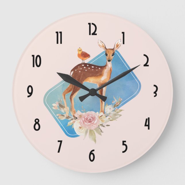 Cute Brown Watercolor Deer Rustic Large Clock (Front)
