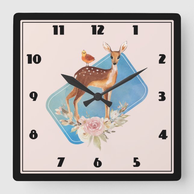 Cute Brown Watercolor Deer Rustic Square Wall Clock (Front)