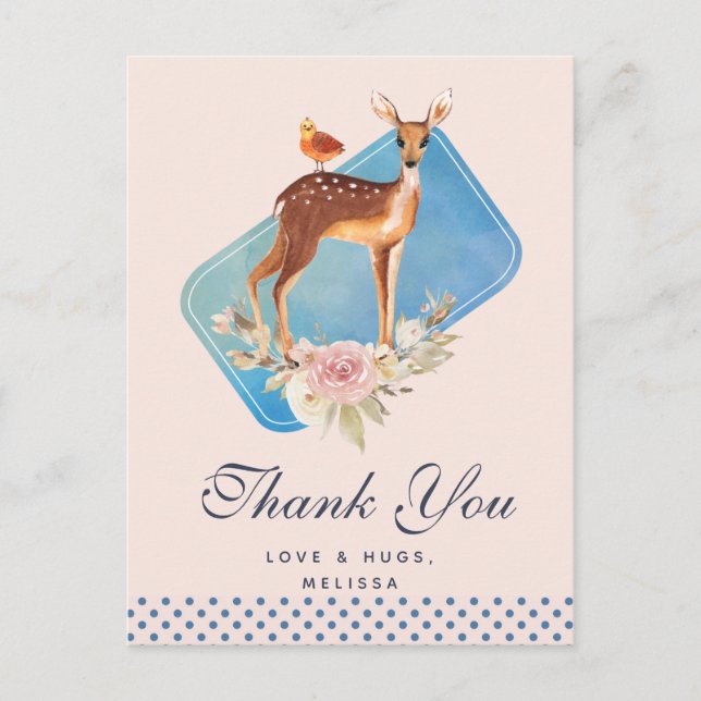 Cute Brown Watercolor Deer Rustic Thank You Postcard (Front)