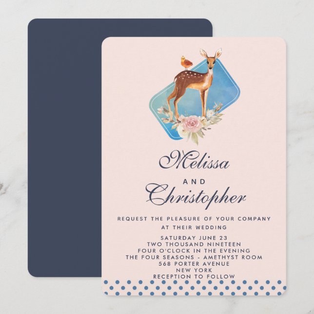 Cute Brown Watercolor Deer Wedding Invitation (Front/Back)