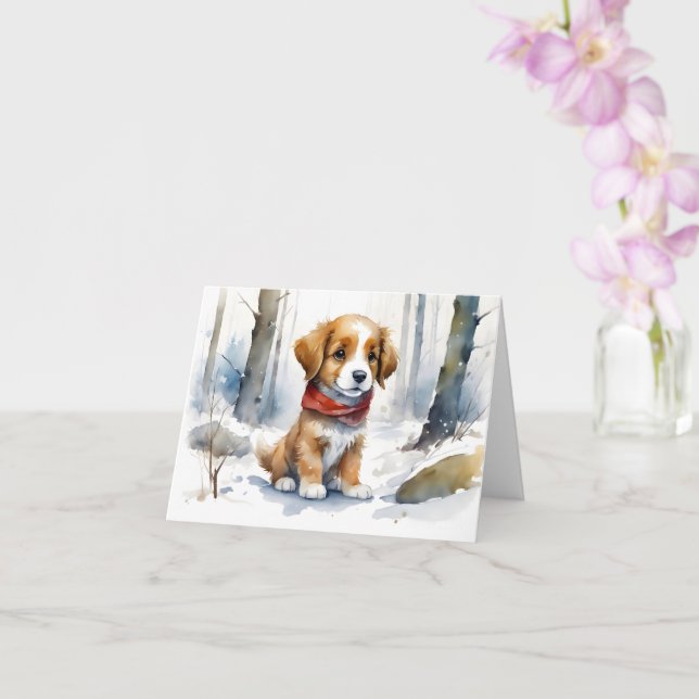 Cute Brown White Puppy Red Scarf Blank Greeting Card (Orchid)