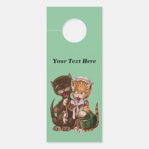 Cute Brown Yellow Cat Couple Rats in Green Basket Door Hanger