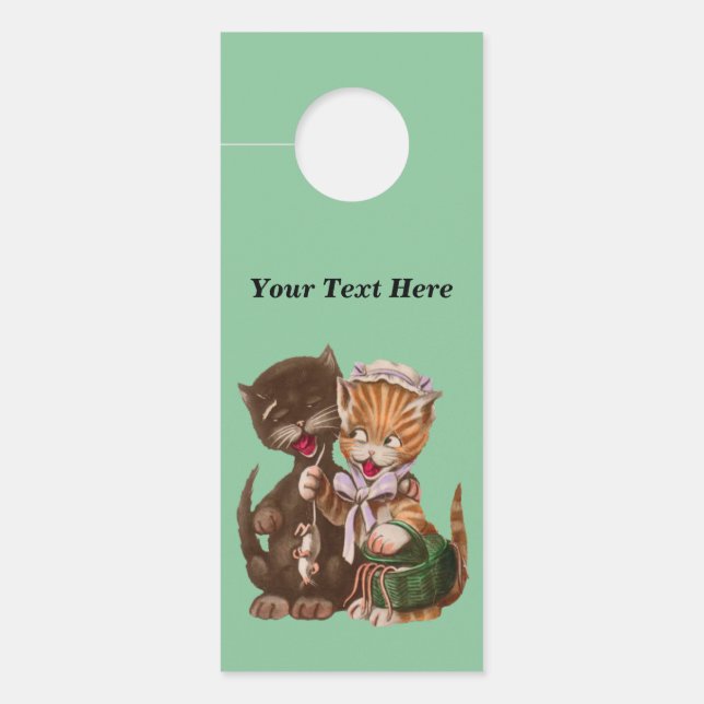 Cute Brown Yellow Cat Couple Rats in Green Basket Door Hanger (Front)