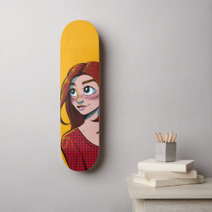 Cute Brunette Anime Girl Illustration Skateboard