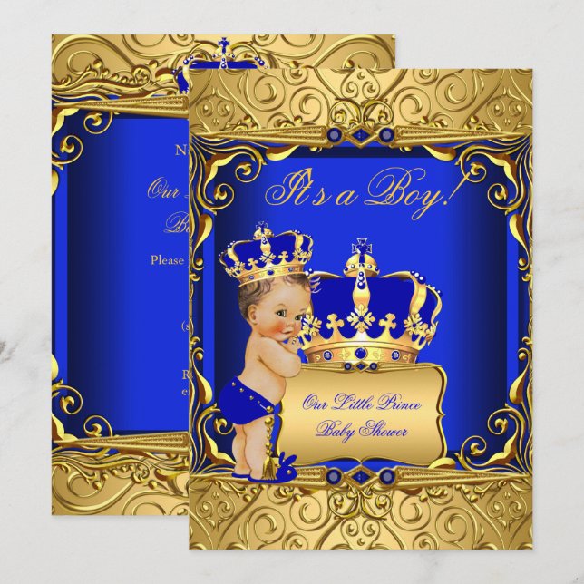 Cute Brunette Baby Shower Boy Regal Royal Blue Invitation (Front/Back)