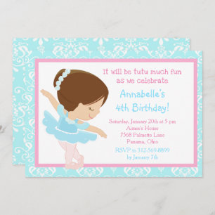 Cute Brunette Ballerina and Blue Damask Invitation
