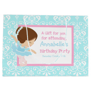 Cute Brunette Ballerina and Blue Damask Thank You Large Gift Bag