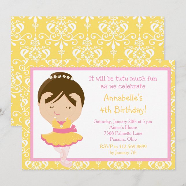 Cute Brunette Ballerina and Yellow Damask Invitation (Front/Back)