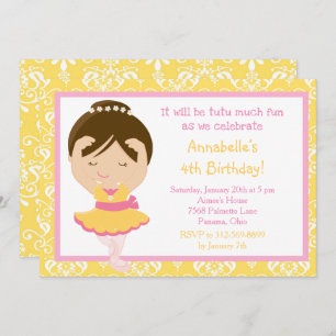 Cute Brunette Ballerina and Yellow Damask Invitation