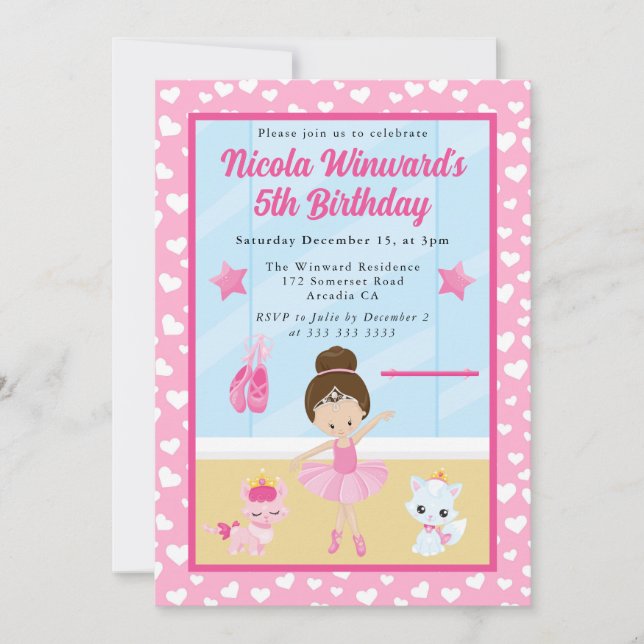 Cute Brunette Ballerina Kids Birthday  Invitation (Front)