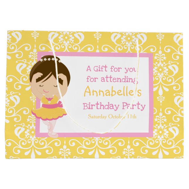 Cute Brunette Ballerina & Yellow Damask Thank You Large Gift Bag (Back)